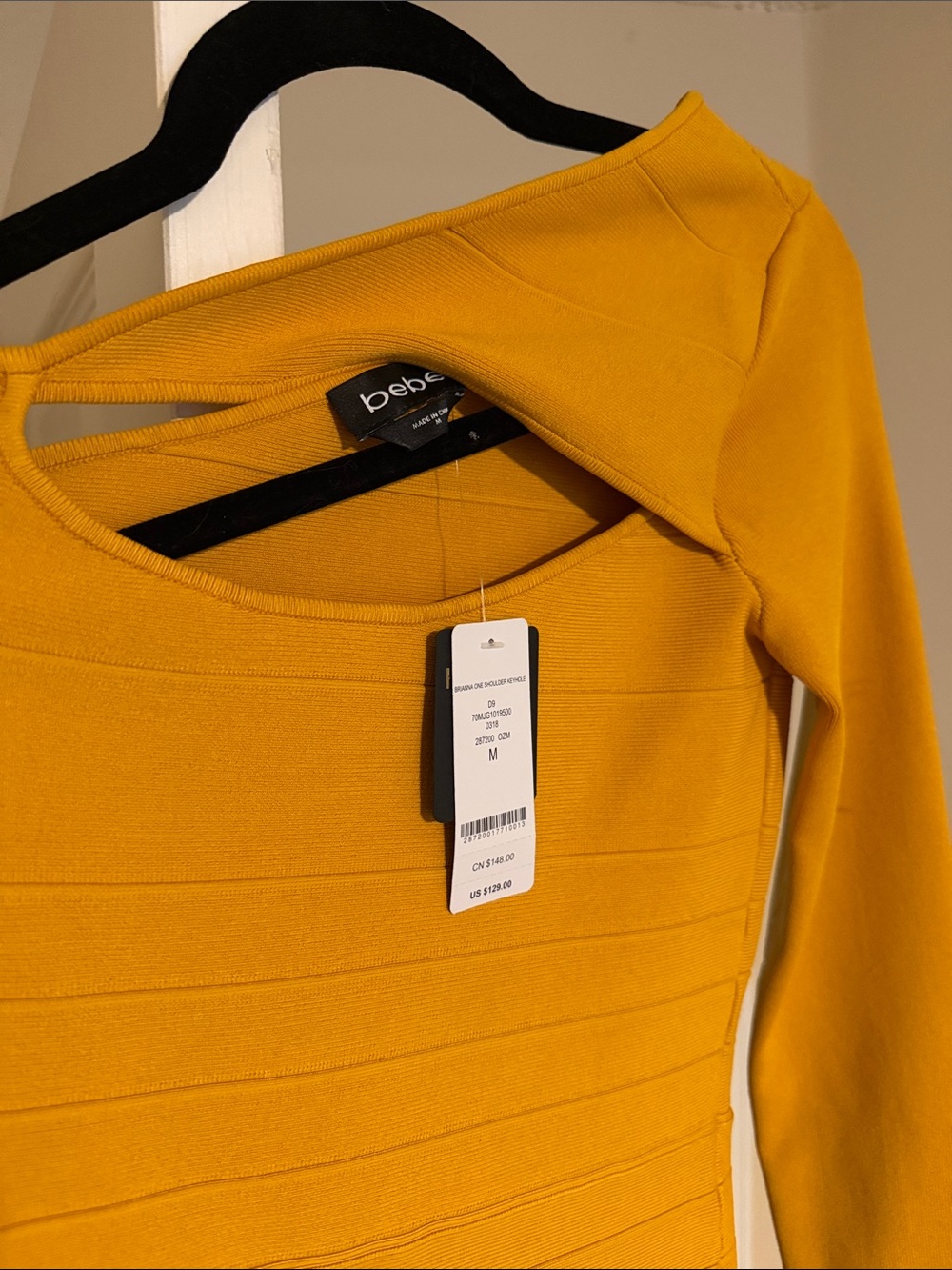 bebe One-Shoulder Long Sleeve Dress in Mustard - Picture 2 of 3